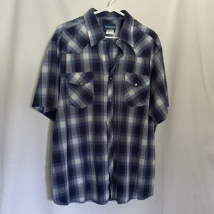 Wrangler Pearl Snap Shirt Mens XXL Blue  Large Plaid Short Sleeve Western Ranch
